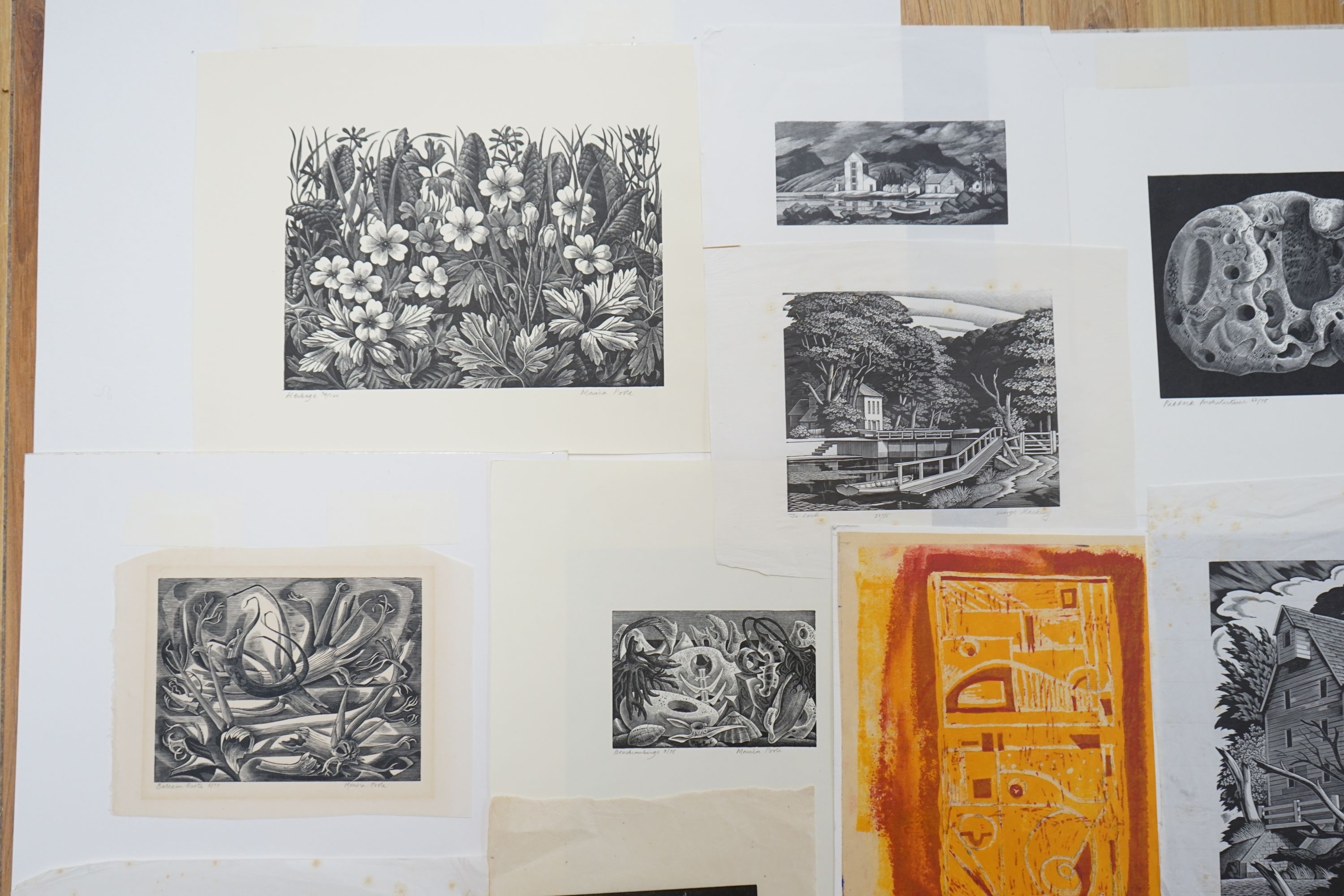 A folio of assorted woodblock prints by Monica Poole, George Mackley and P. Dixon, largest 15 x 20cm